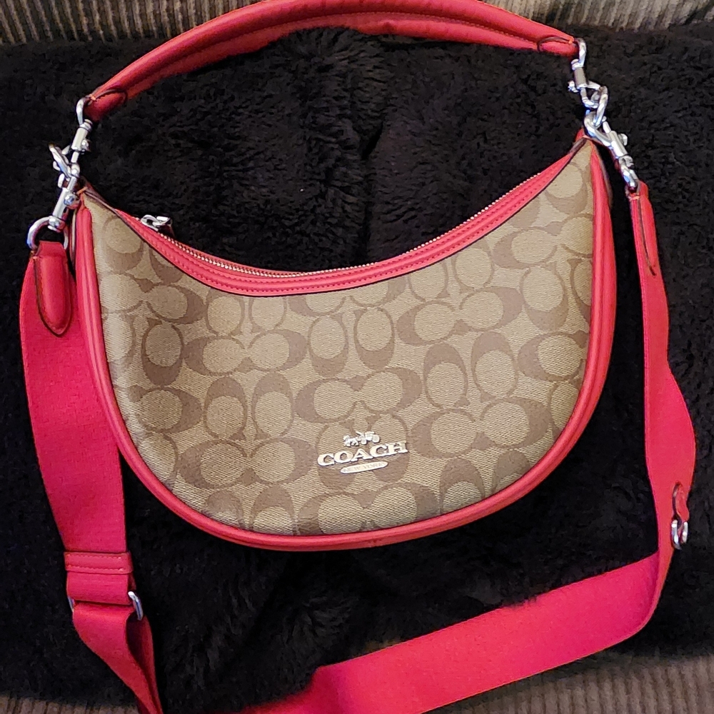 Coach Signature Tan and Red Shoulder Bag